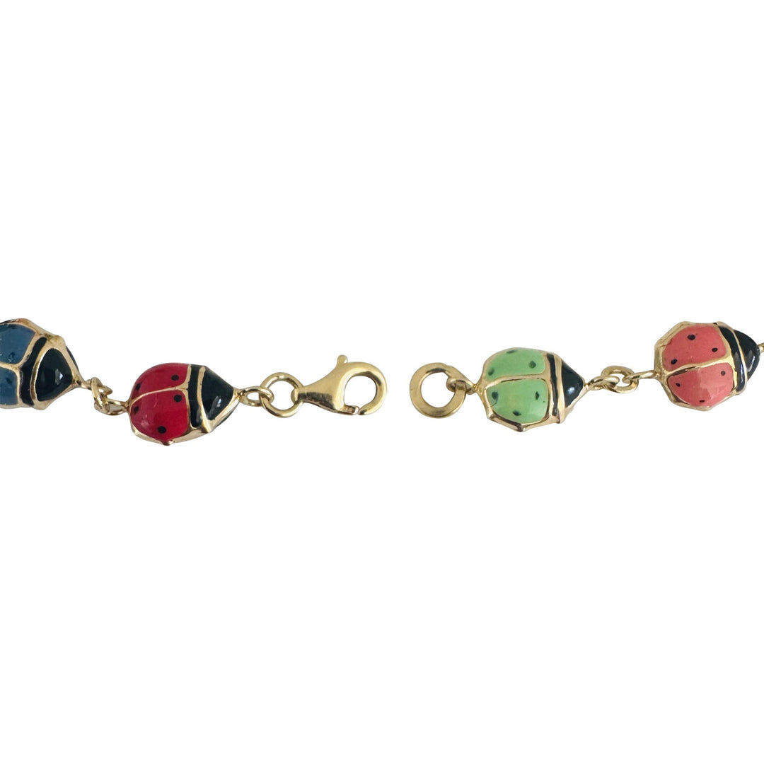 14k Yellow Gold and Enamel 3.6g Light Hollow Ladybug Link Bracelet 7"