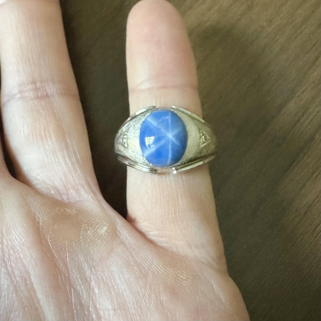 14k White Gold Blue Star Sapphire and Diamond Men's Ring Size