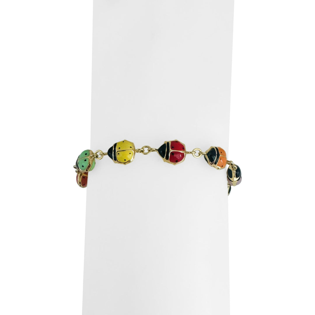 14k Yellow Gold and Enamel 3.6g Light Hollow Ladybug Link Bracelet 7"