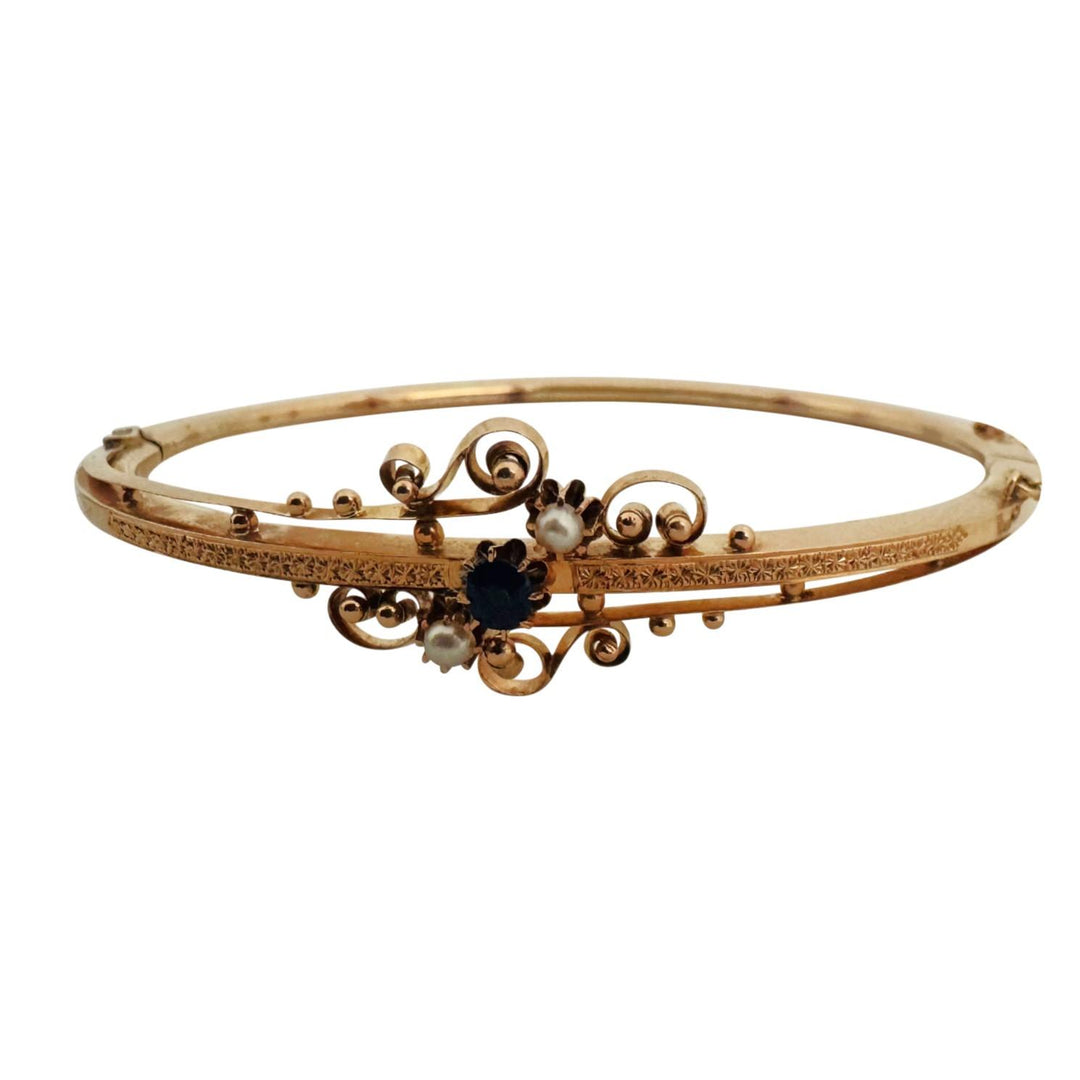 14k Yellow Gold Blue Sapphire and Seed Pearl Vintage Bangle Bracelet 6.75"
