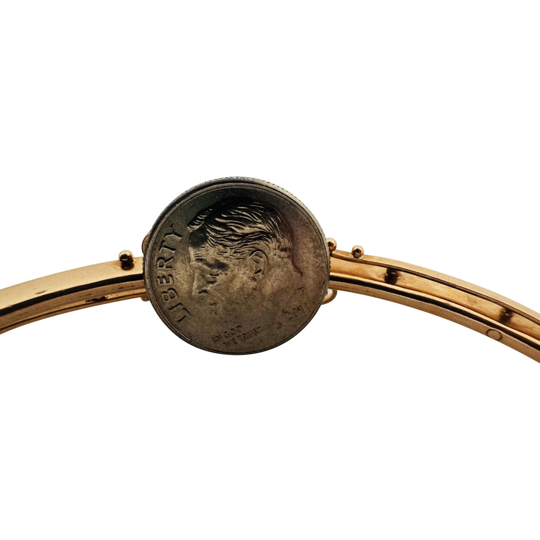 14k Yellow Gold Blue Sapphire and Seed Pearl Vintage Bangle Bracelet 6.75"
