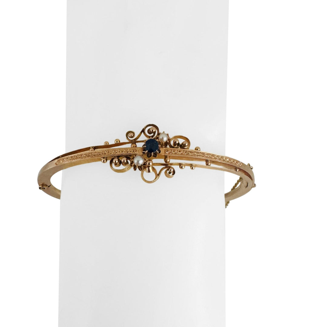 14k Yellow Gold Blue Sapphire and Seed Pearl Vintage Bangle Bracelet 6.75"