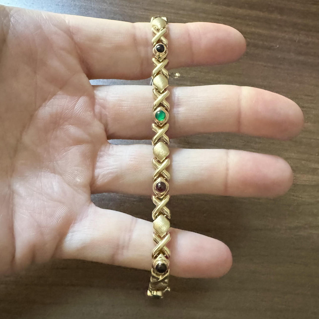 14k Yellow Gold 11.8g Multi Cabochon Gemstone XO Link Bracelet 7"