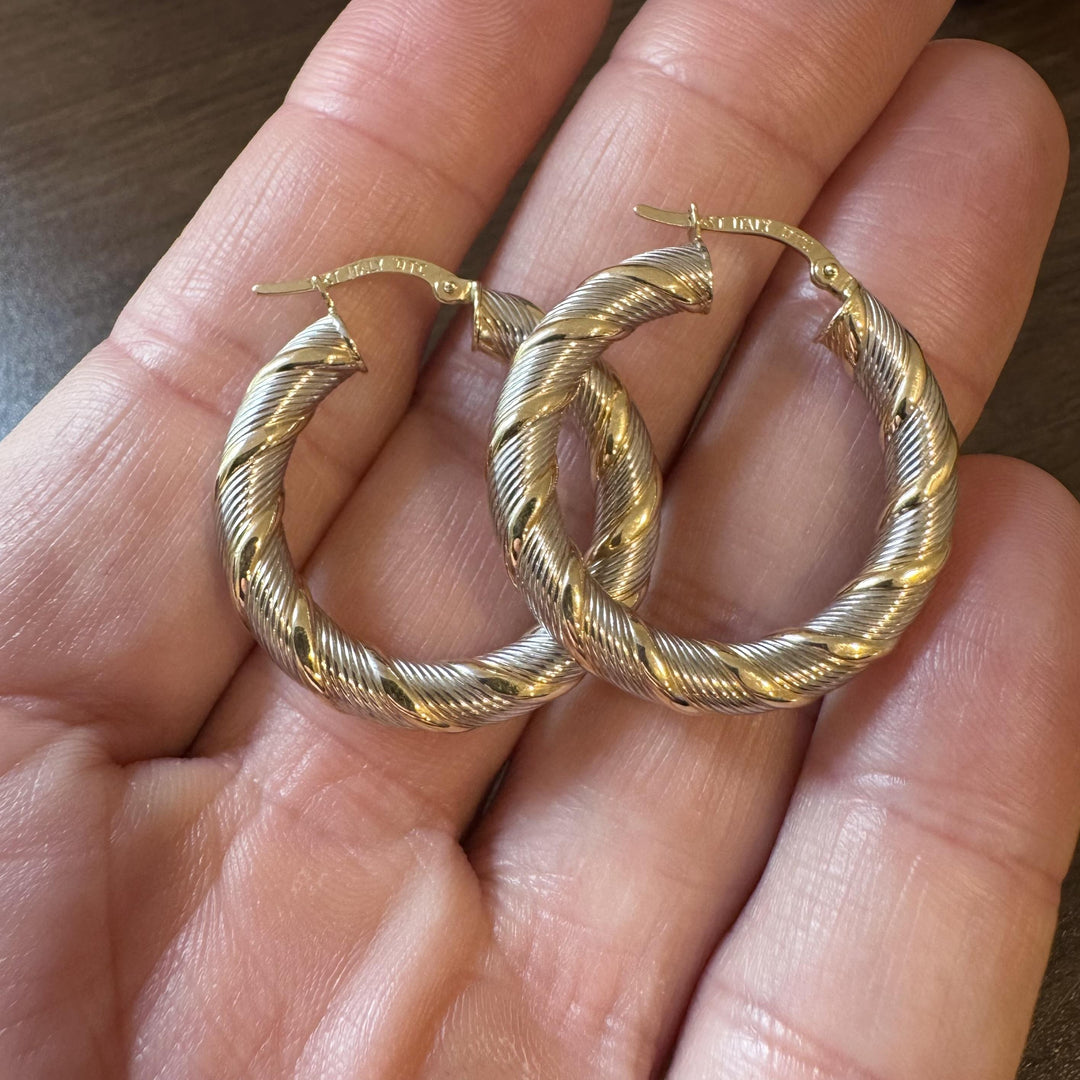 14k White and Yellow Gold 3.7g Light Twisted Spiral Hoop Earrings Italy 1.25"