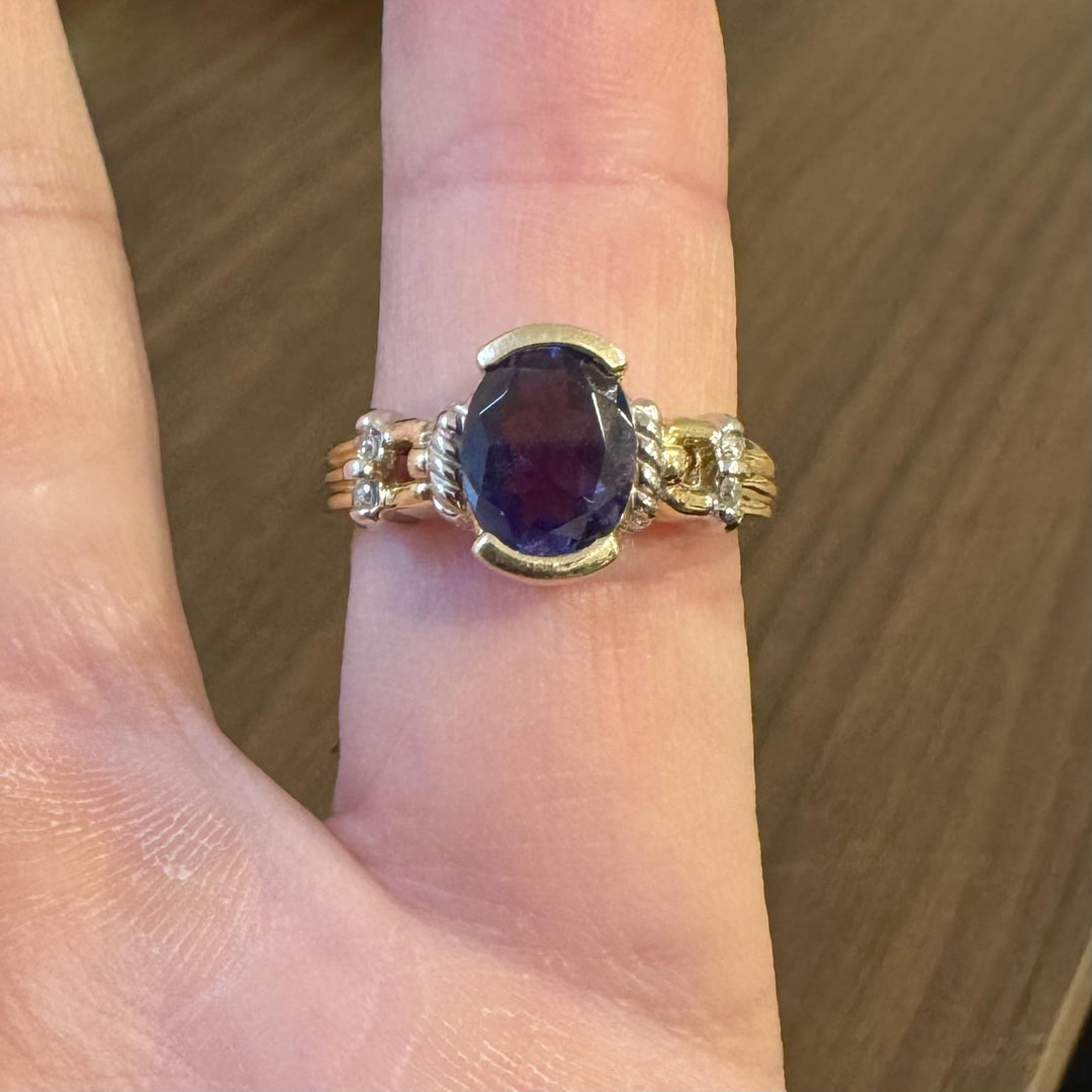 14k Yellow and White Gold Amethyst and Diamond Ladies Ring Size 8