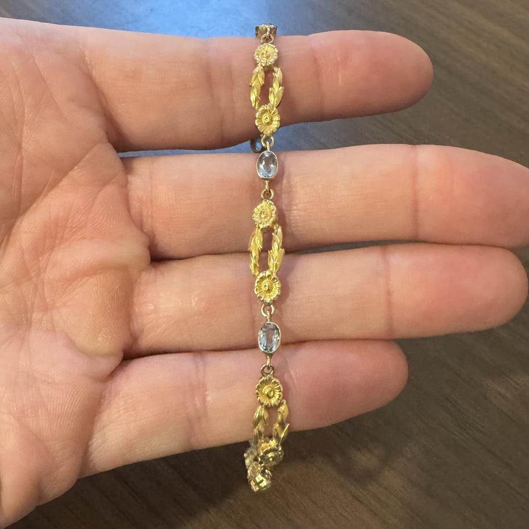 14k Yellow Gold and Aquamarine 12g Solid Fancy Floral Link Bracelet 8"