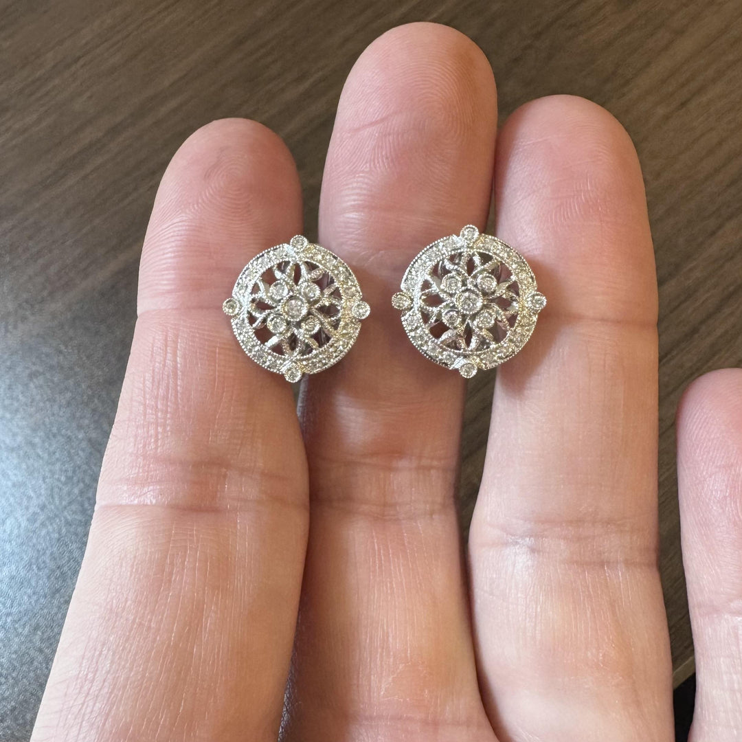 18k White Gold and 0.42cttw Diamond Vintage Filigree Stud Earrings