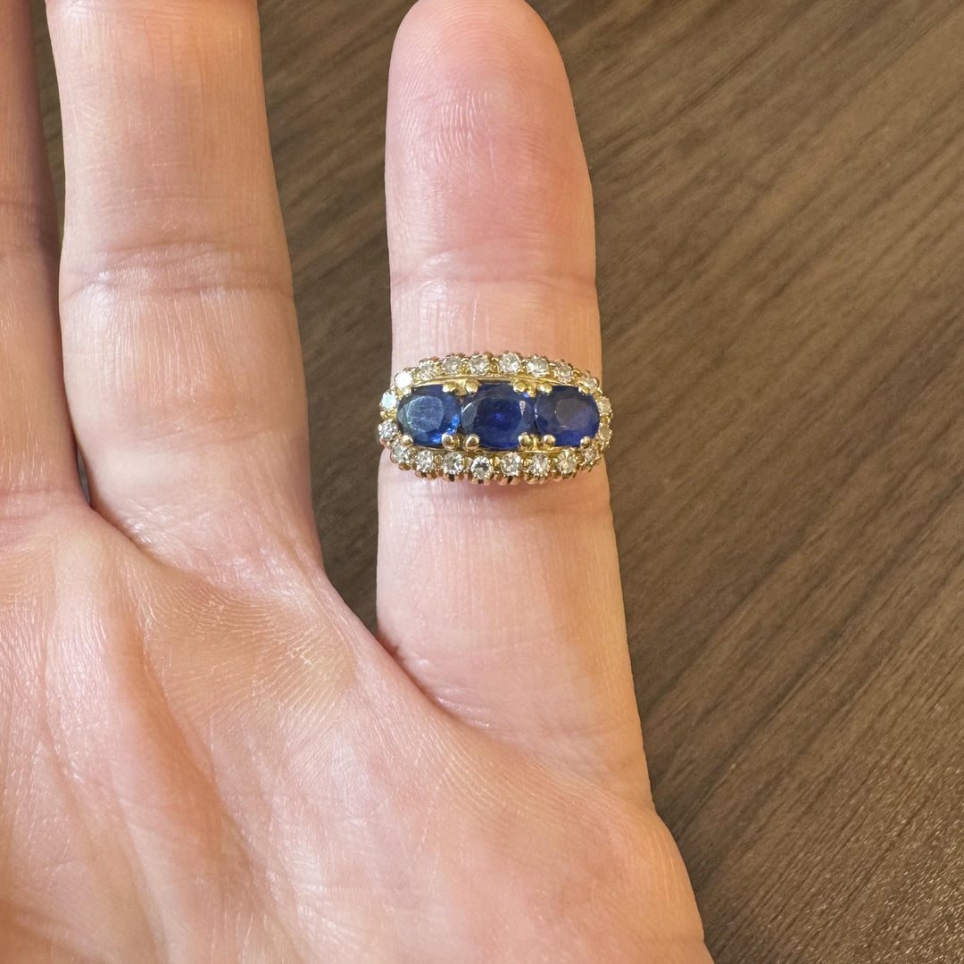 18k Yellow Gold Three Stone Blue Sapphire and Diamond Halo Ring Size 6.75