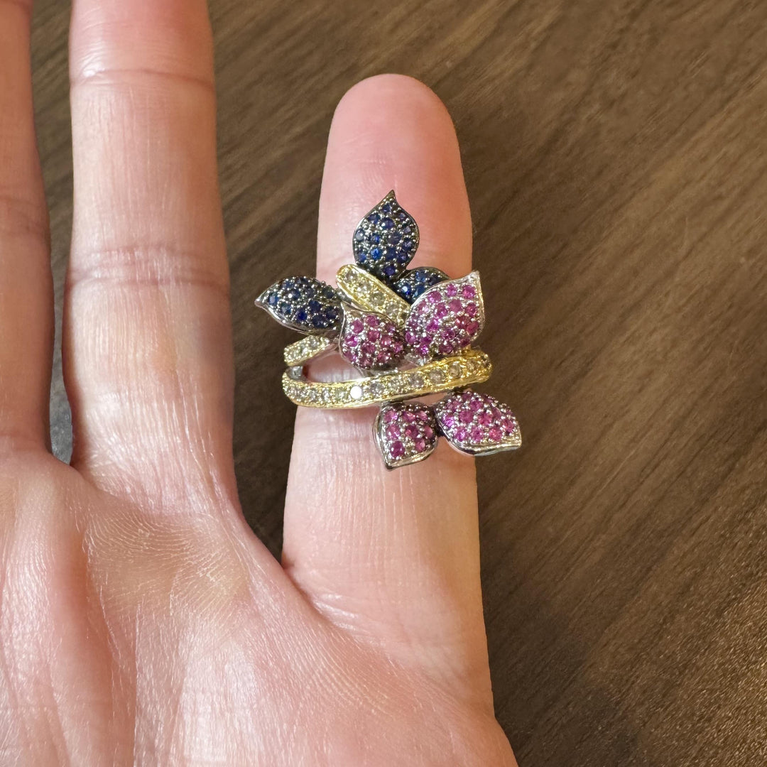 18k White and Yellow Gold Blue Sapphire Ruby and Diamond Ring Size 6