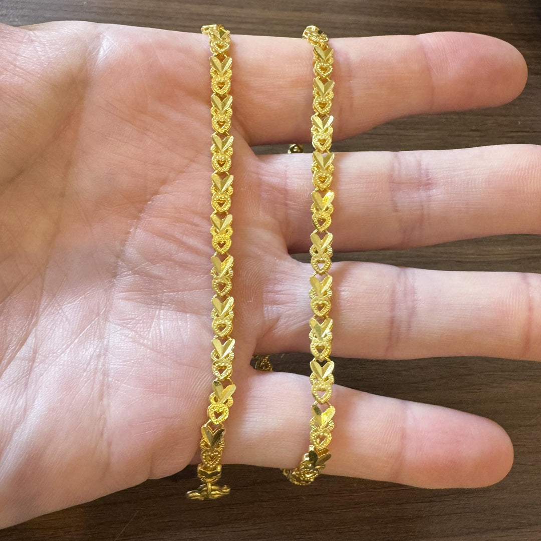 24k Pure Yellow Gold 23.6g Solid Diamond Cut Fancy Heart Link Necklace 18"