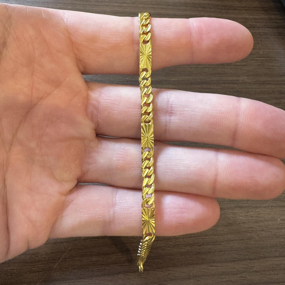 24k Pure Yellow Gold 18.2g Solid Diamond Cut Station Curb Link Bracelet 6.5"