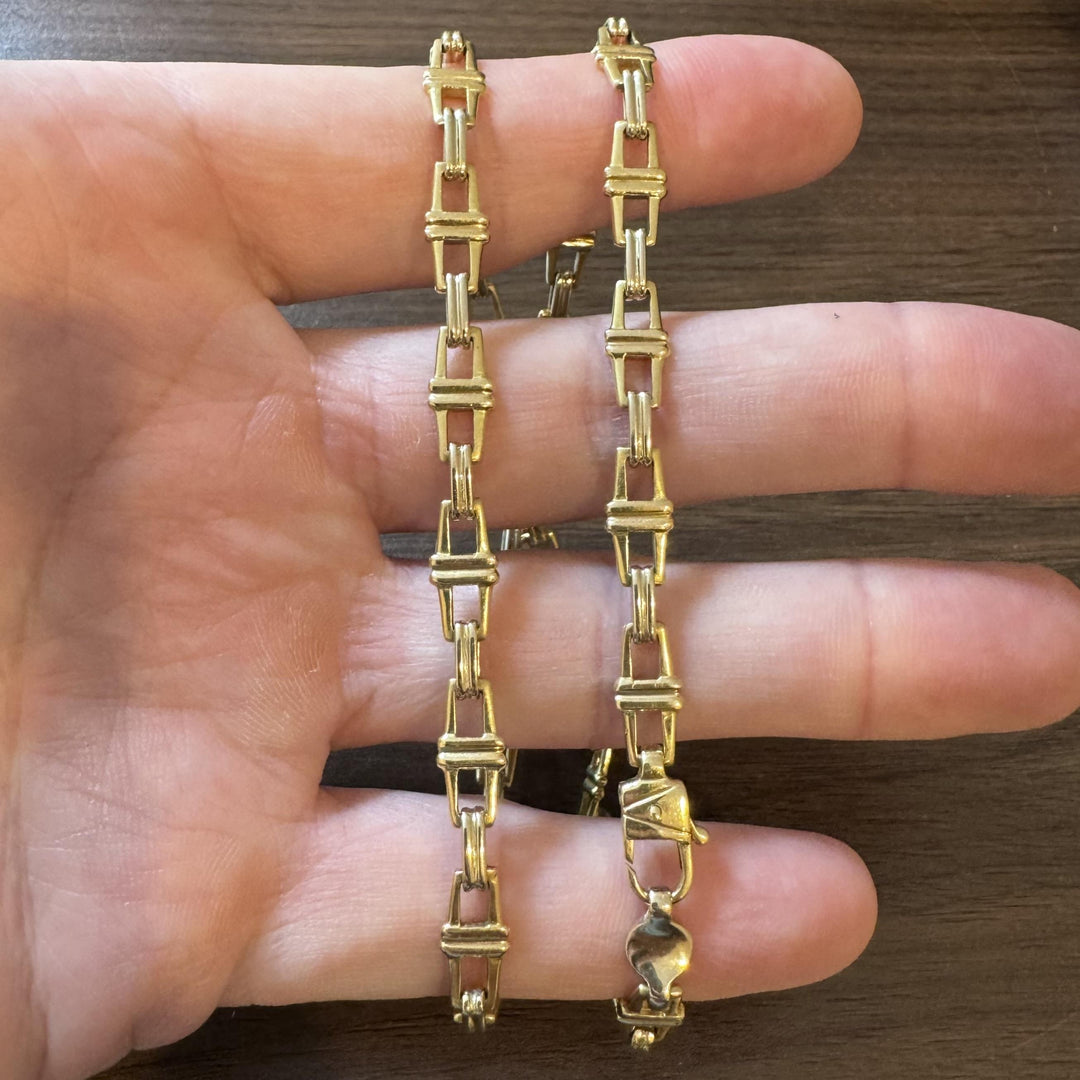 18k Yellow and White Gold 39.4g Solid Heavy Fancy Square Link Necklace Italy 20"