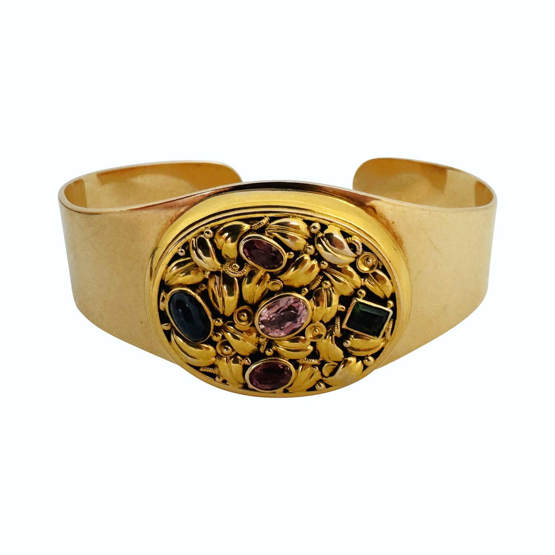 14k Yellow Gold and Multi Gemstone 43.3g Solid Heavy Cuff Bracelet 6.5"