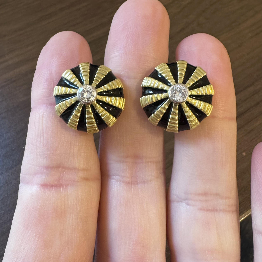 18k Yellow Gold Black Enamel and 0.60cttw Diamond Heavy Button Stud Earrings