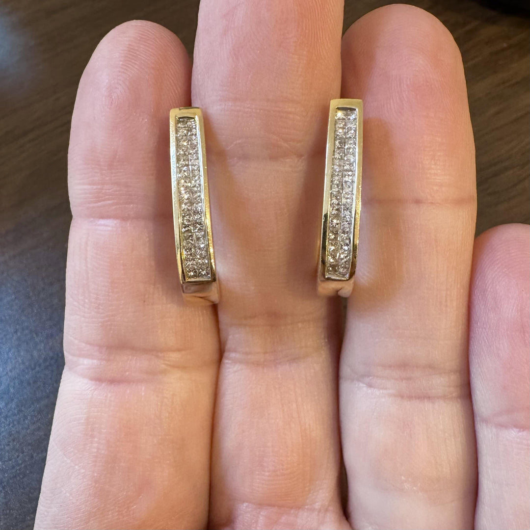 14k Yellow Gold and 1cttw Princess Cut Diamond Hoop Earrings 1"
