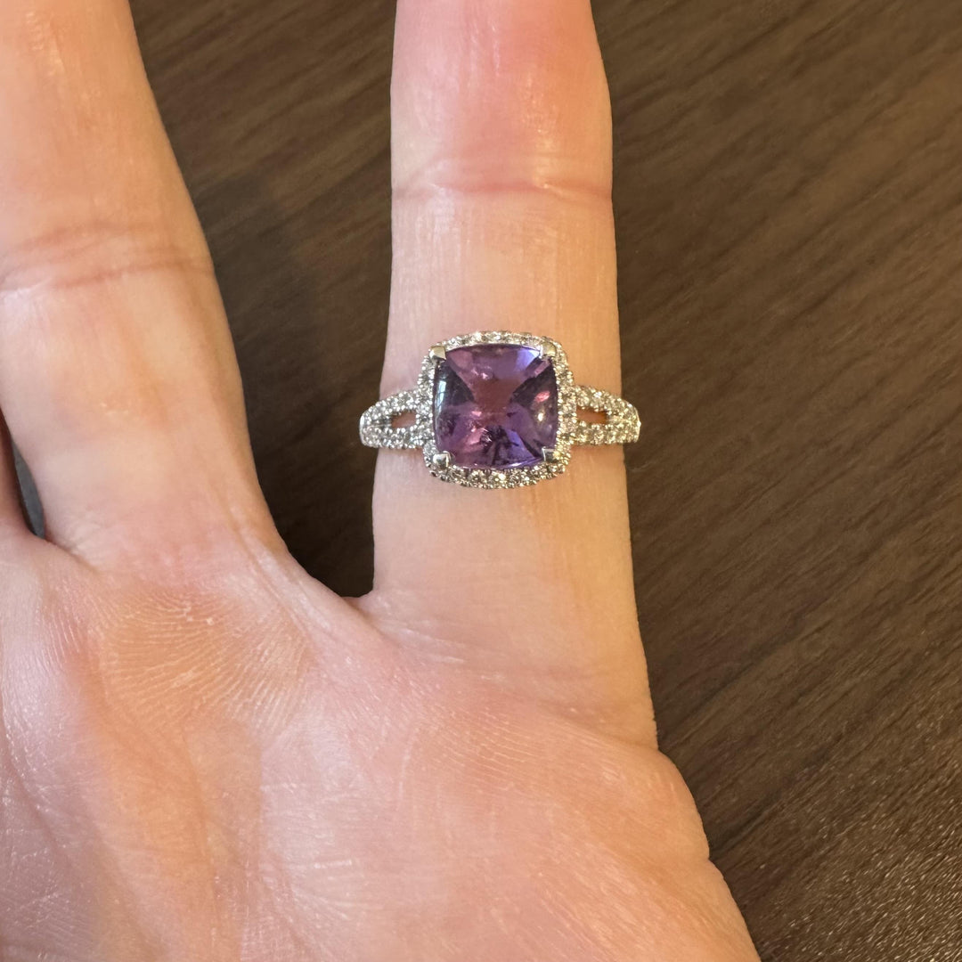 14k White Gold Amethyst and 0.38cttw Diamond Halo Ring Size 7.75