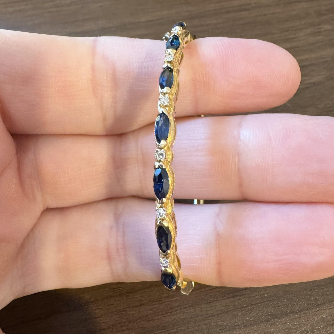 14k Yellow Gold Blue Sapphire and Diamond 10.7g Vintage Bangle Bracelet 6.5"