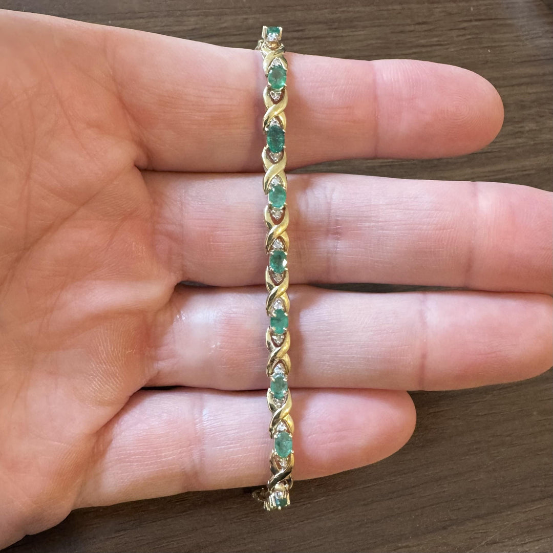 14k Yellow Gold Emerald and Diamond 9.2g Ladies X Link Bracelet 7.25"
