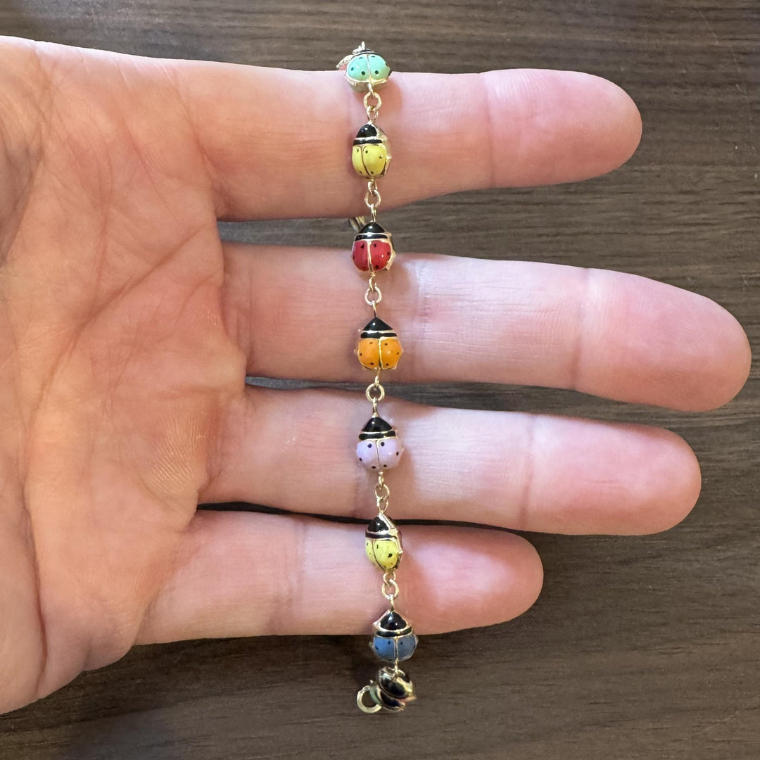 14k Yellow Gold and Enamel 3.6g Light Hollow Ladybug Link Bracelet 7"