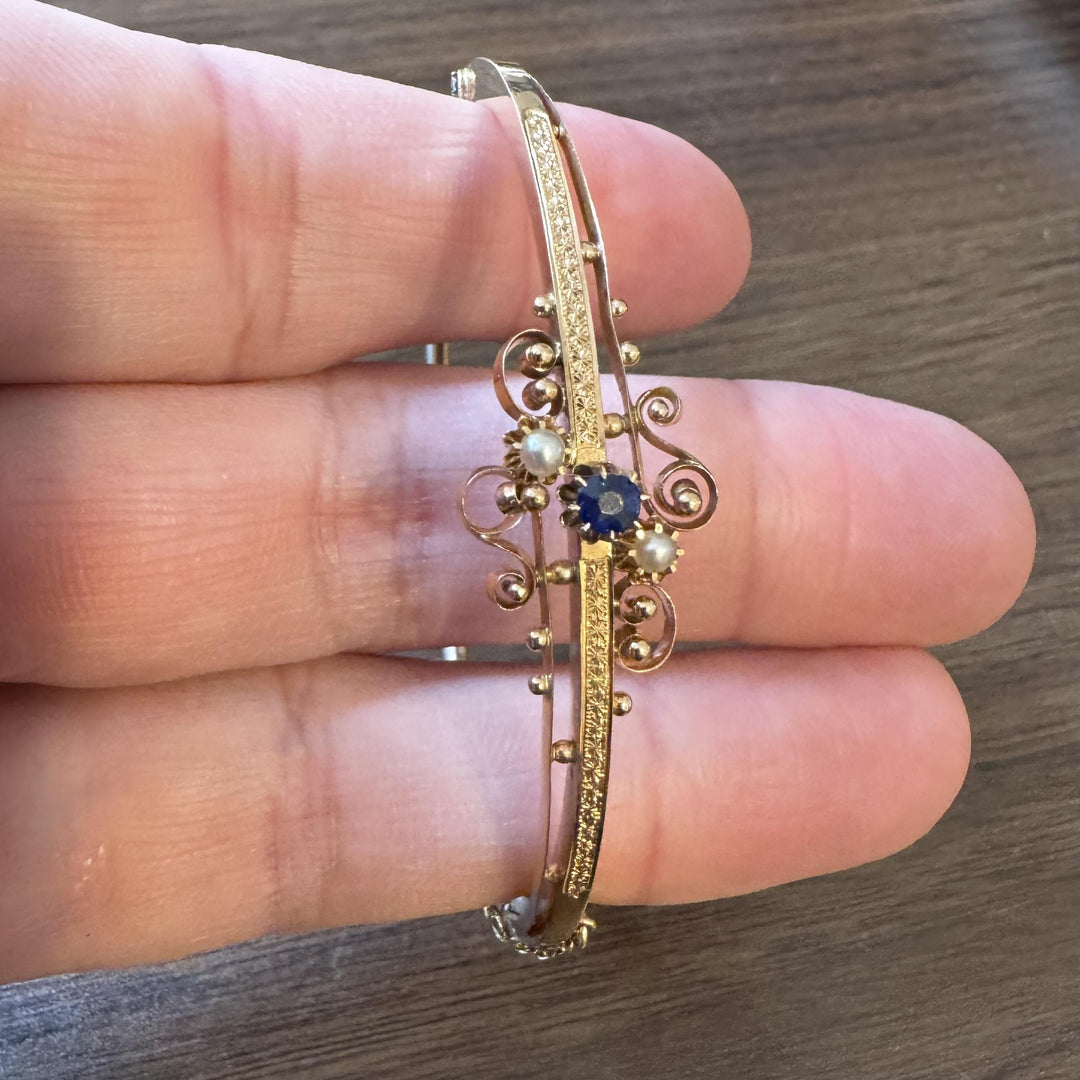 14k Yellow Gold Blue Sapphire and Seed Pearl Vintage Bangle Bracelet 6.75"