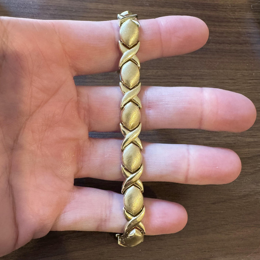 14k Yellow Gold 15.2g Thick 10mm Hugs and Kisses XO Link Bracelet Italy 6.75"