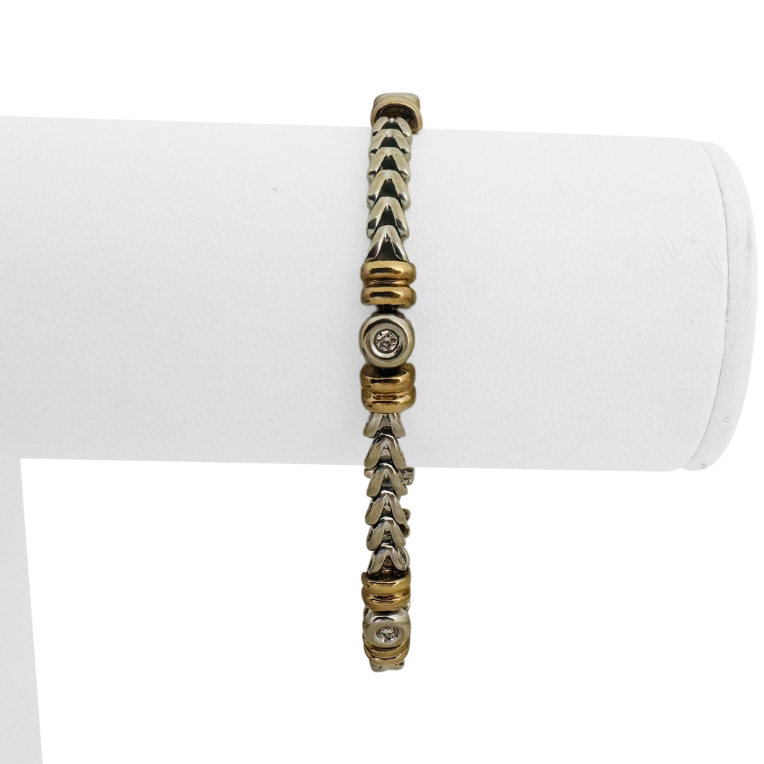 14k White and Yellow Gold Bezel Set Diamond Station Fancy Link Bracelet 7"