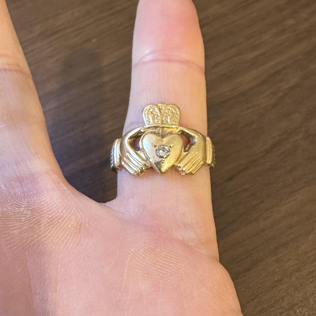 14k Yellow Gold and 0.07ct Diamond Solid Claddagh Ring Size 10