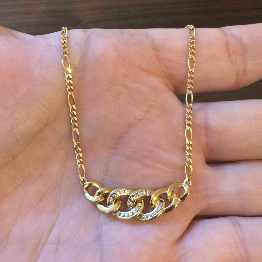 18k Yellow Gold and Diamond Figaro Chain and Curb Link Pendant Necklace 16"