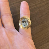 14k Yellow Gold and Aquamarine Greek Key Halo Ring Size 6.75