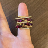 18k Yellow Gold Red Garnet and Diamond Heavy Abstract Ring Size 5.5