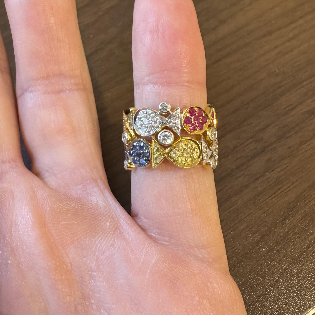 18k Yellow Gold Diamond Ruby Yellow and Blue Sapphire Fish Band Ring Size 7