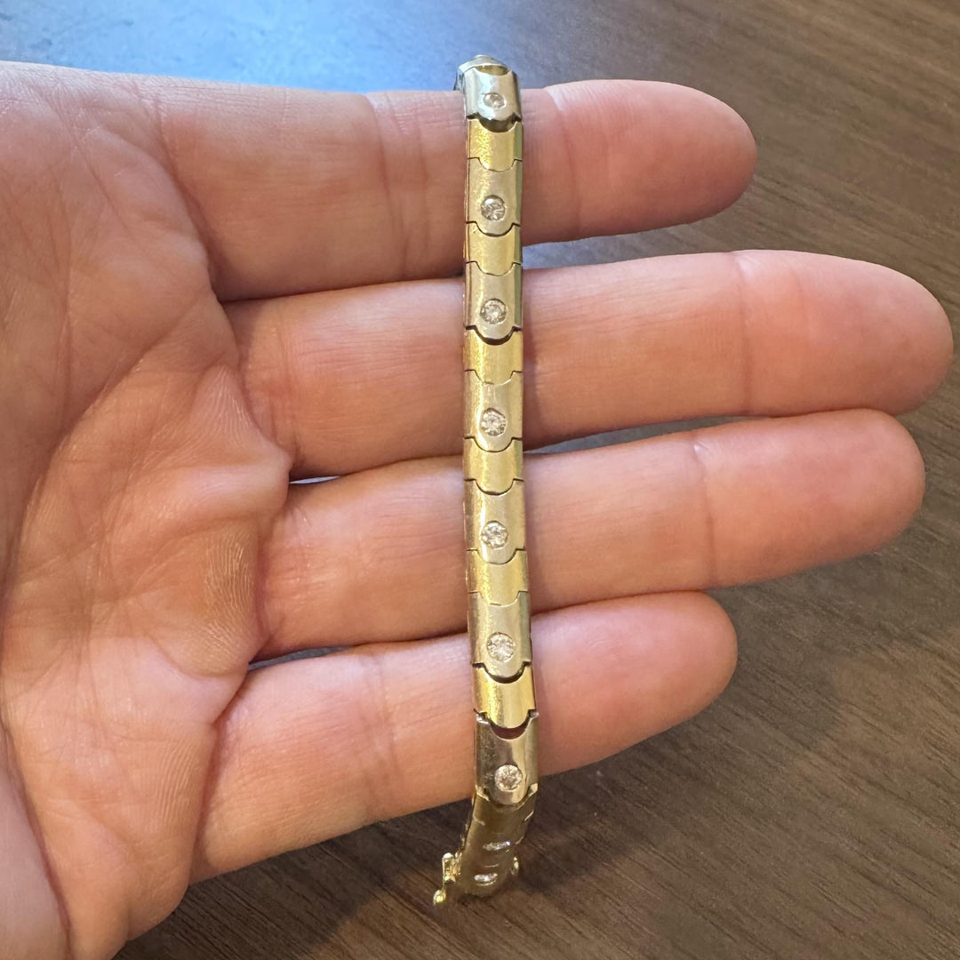 14k Yellow and White Gold 1cttw Diamond Scalloped Bar Link Bracelet 6.75"