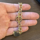 14k Yellow Gold 21.6g Ladies Cable Link Toggle T Bar Heart Tag Bracelet 7.5"