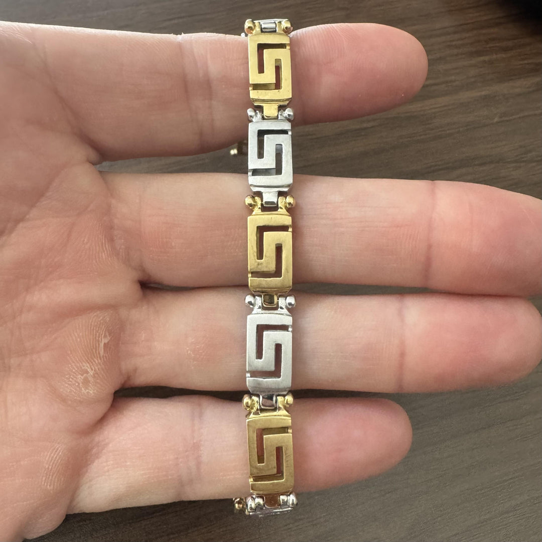 18k Yellow and White Gold 29g Heavy Brushed Finish Greek Key Link Bracelet 7.5"