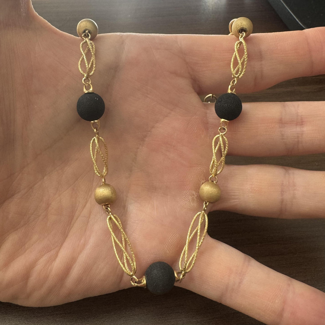 18k Yellow Gold and Black Matte Resin Ball Ladies Necklace Italy 18"