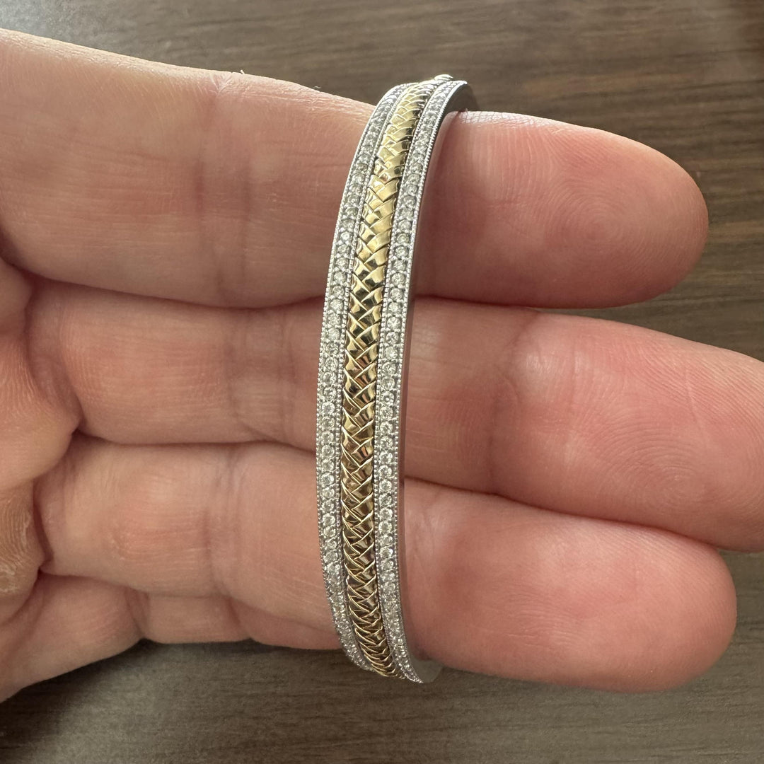 14k White and Yellow Gold Diamond Solid Heavy 22.4g Bangle Bracelet 6.75"