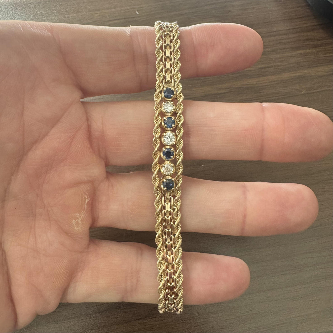 14k Yellow Gold Blue Sapphire and Diamond Rope and Bismark Bracelet 7.5"