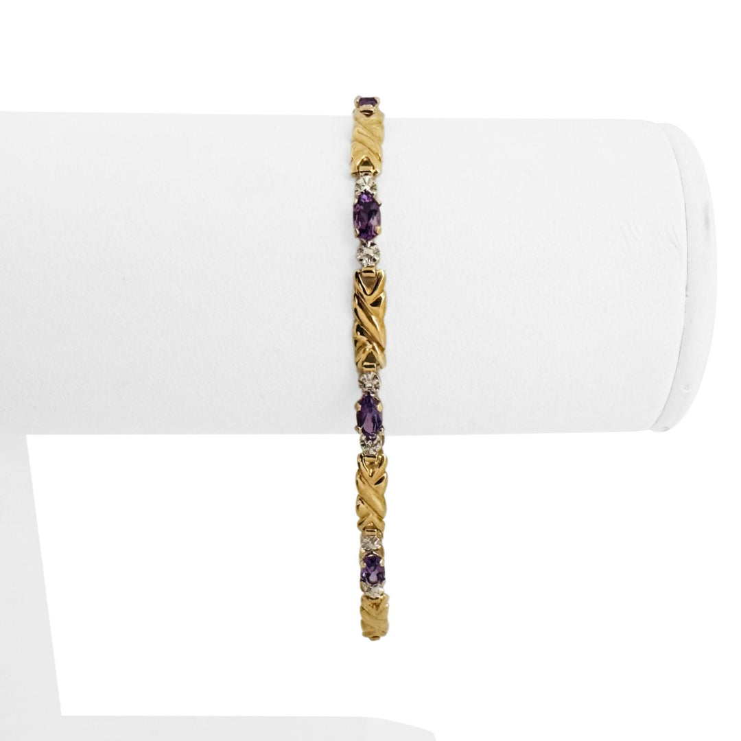 14k Yellow Gold Amethyst and Diamond 4.5g Ladies Fancy Link Bracelet 7"