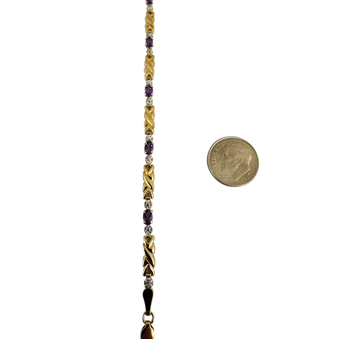 14k Yellow Gold Amethyst and Diamond 4.5g Ladies Fancy Link Bracelet 7"