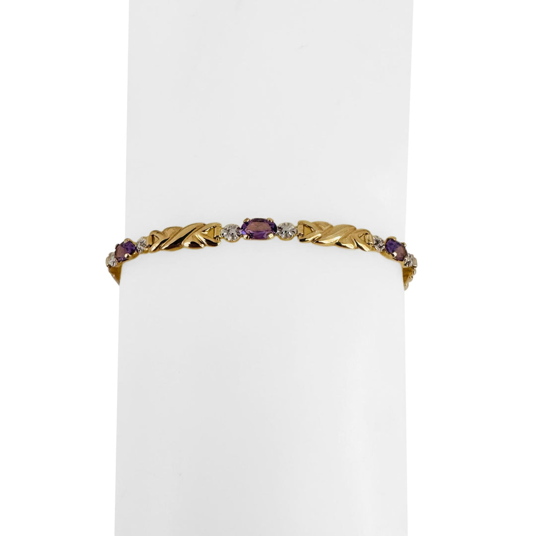 14k Yellow Gold Amethyst and Diamond 4.5g Ladies Fancy Link Bracelet 7"