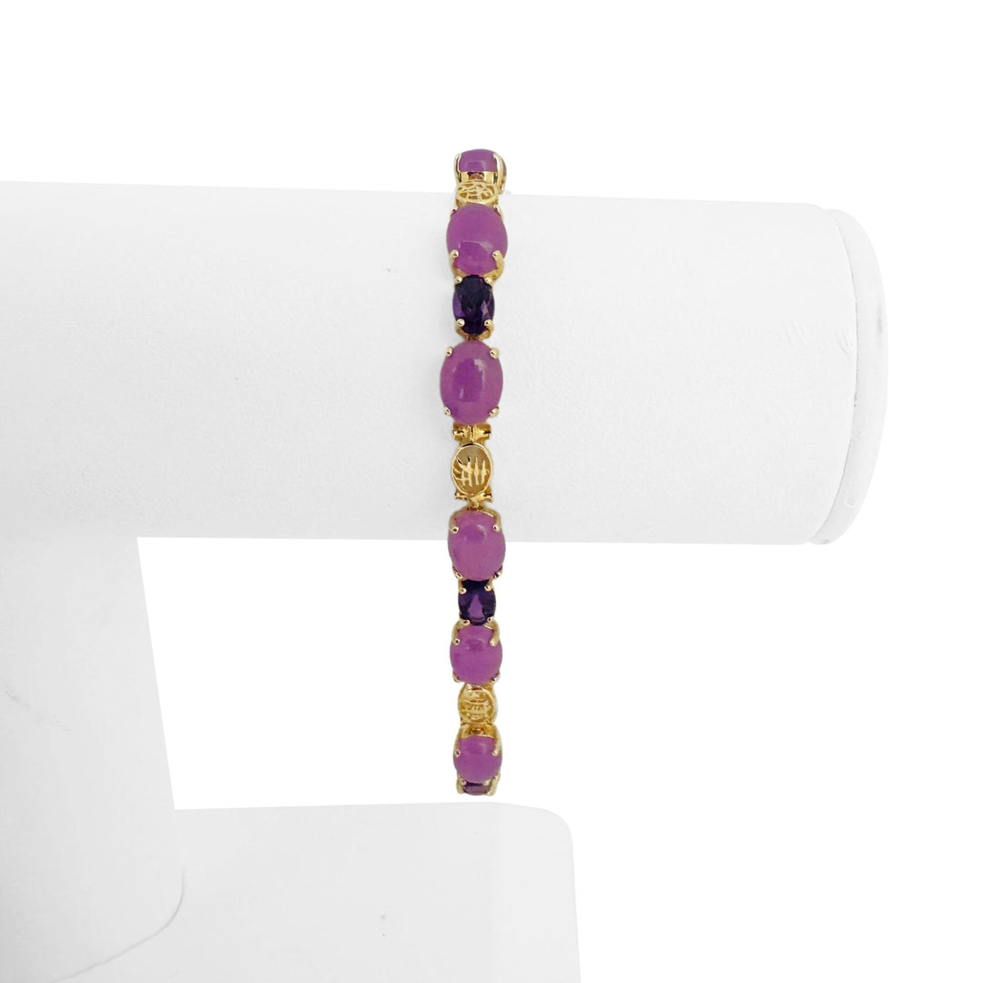 14k Yellow Gold Lavender Jade and Amethyst 9.4g Asian Link Bracelet 7.25"