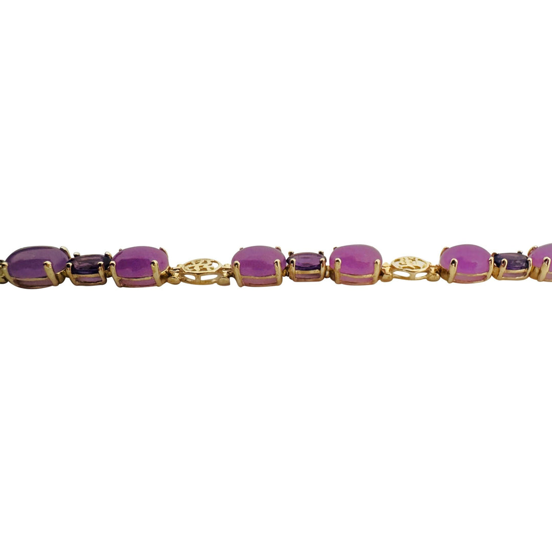 14k Yellow Gold Lavender Jade and Amethyst 9.4g Asian Link Bracelet 7.25"
