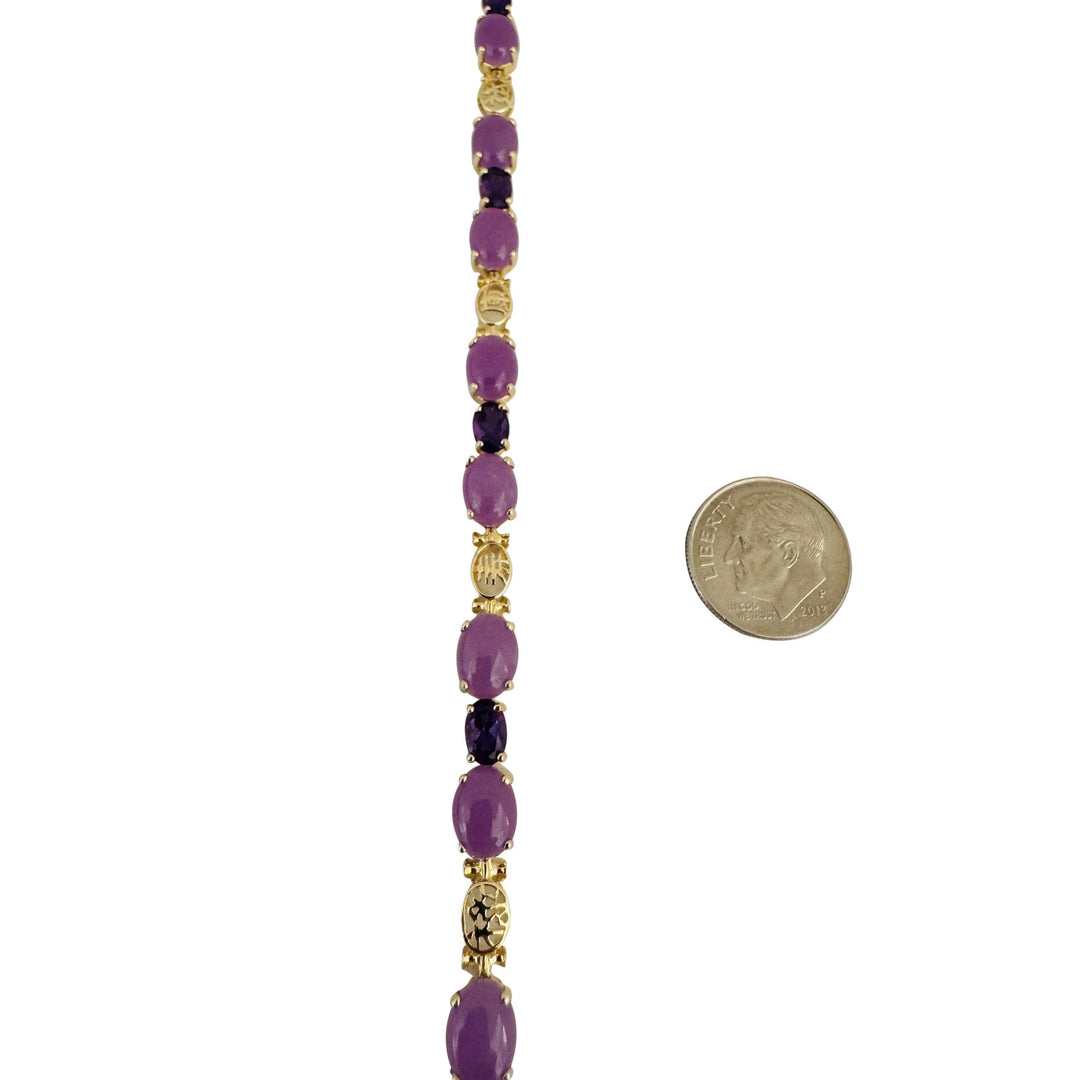 14k Yellow Gold Lavender Jade and Amethyst 9.4g Asian Link Bracelet 7.25"