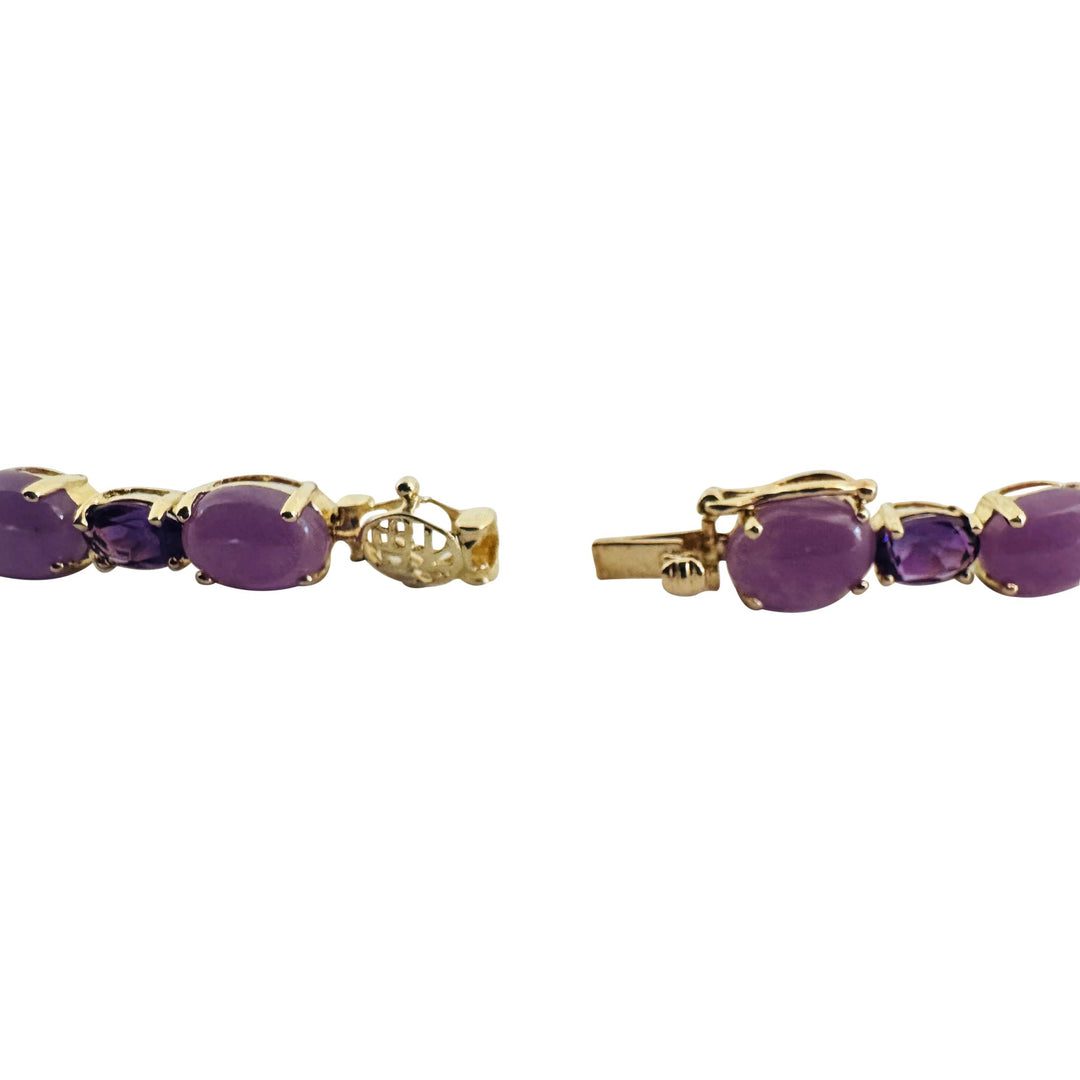 14k Yellow Gold Lavender Jade and Amethyst 9.4g Asian Link Bracelet 7.25"