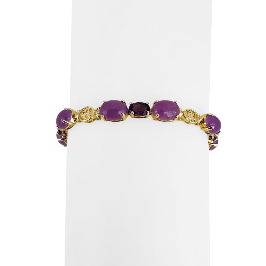14k Yellow Gold Lavender Jade and Amethyst 9.4g Asian Link Bracelet 7.25"