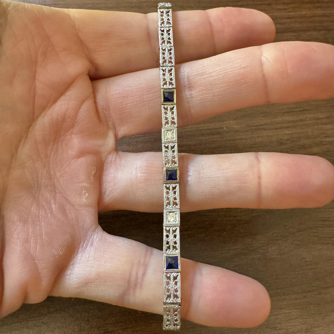 14k White Gold Blue Sapphire and Diamond Vintage Filigree Bracelet 6.5"