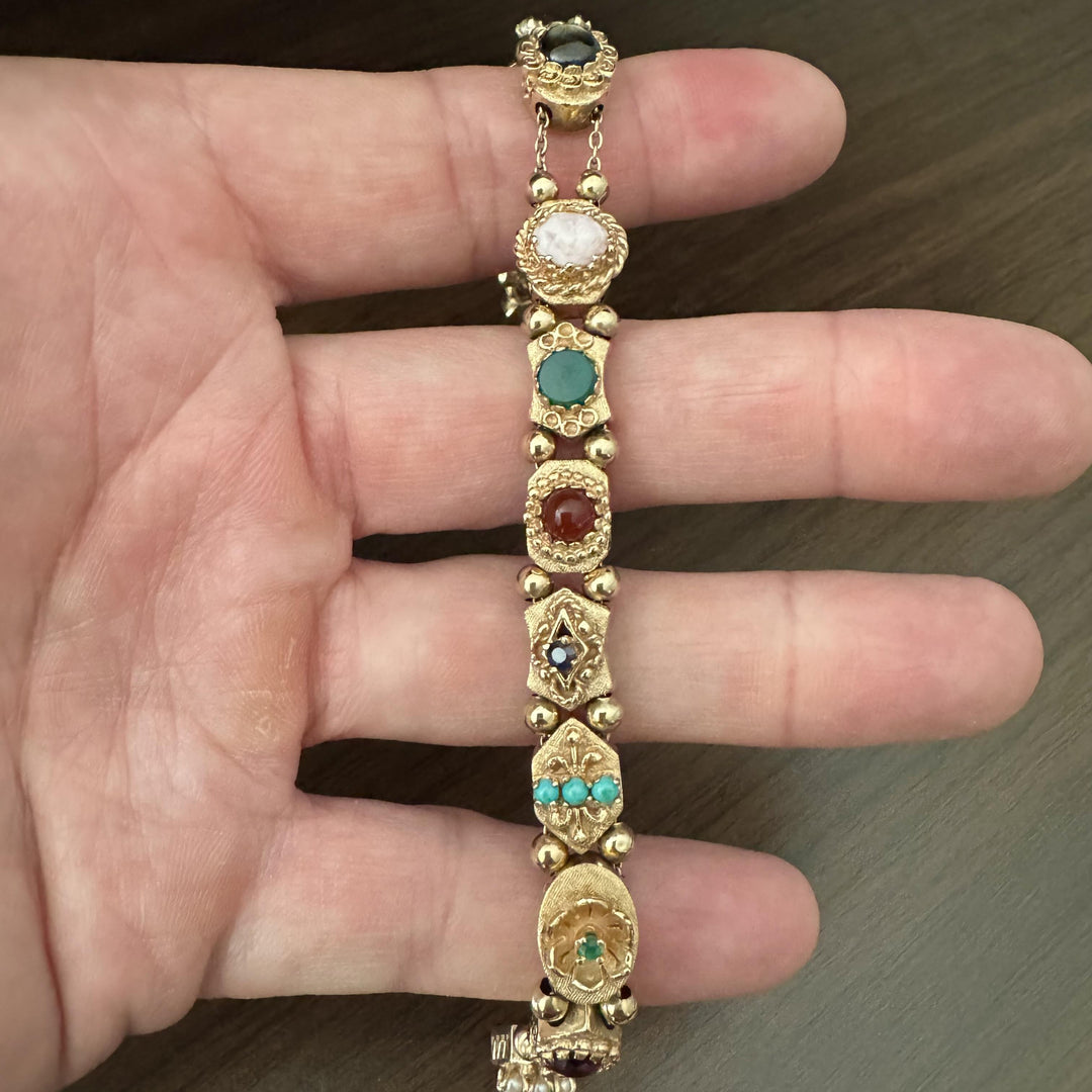 14k Yellow Gold 31.3g Heavy Vintage Multi Gemstone Slide Charm Bracelet 7"