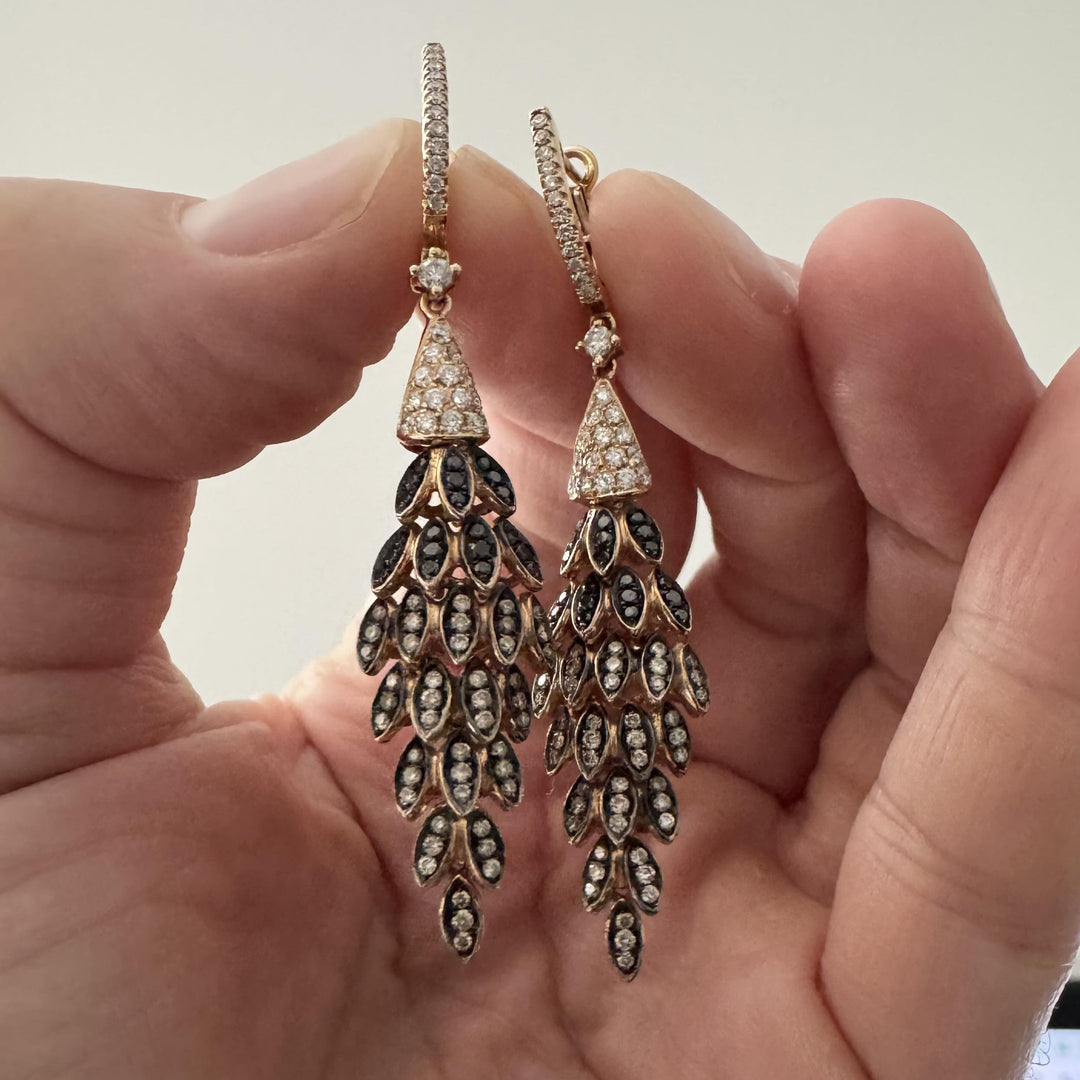 18k Yellow Gold White Champagne and Black Diamond Drop Dangle Earrings 2.25"