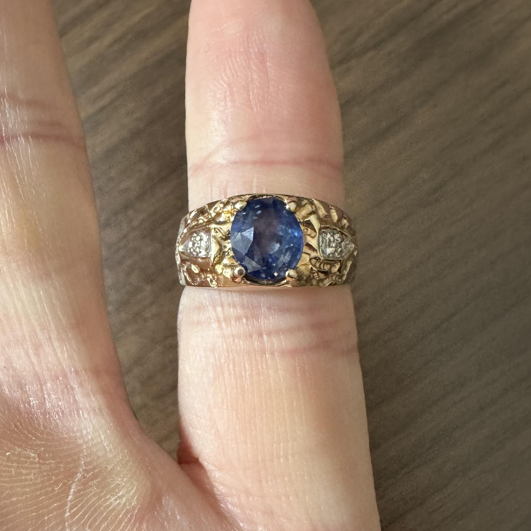 14k Yellow Gold 2ct Blue Sapphire and Diamond Ladies Vintage Ring Size 5.25