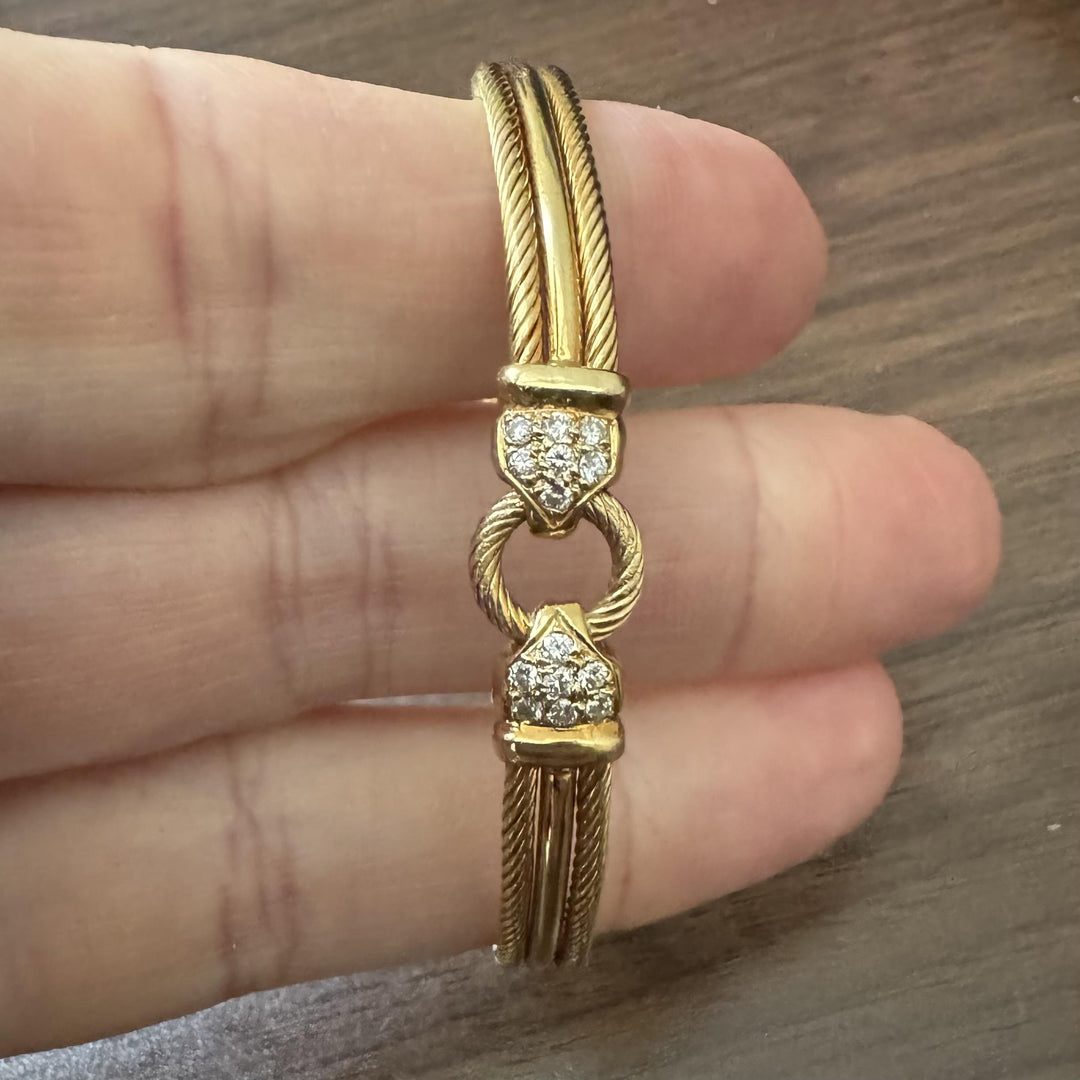 18k Yellow Gold and Diamond Vintage Cable Bangle Bracelet 6.5"